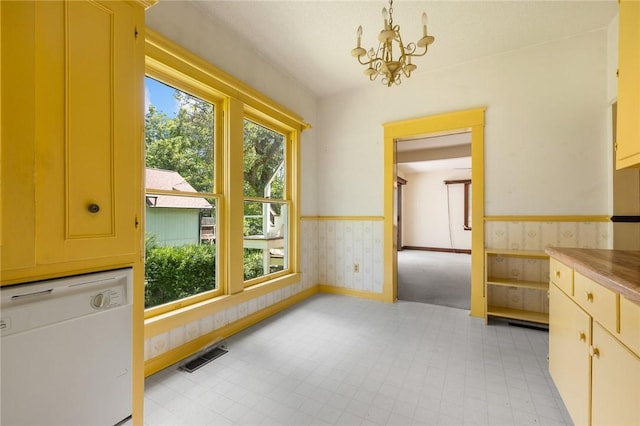 625 W College Ave, Harrison, AR 72601 - unfurnished dining area with wainscoting, a chandelier, light flooring, and wallpapered walls