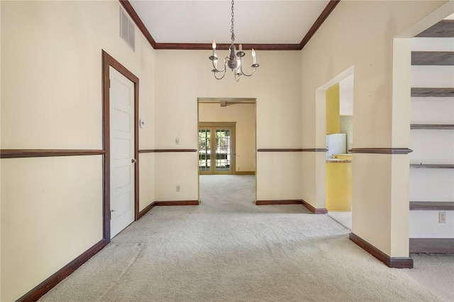 625 W College Ave, Harrison, AR 72601 - unfurnished dining area featuring carpet, a chandelier, and crown molding