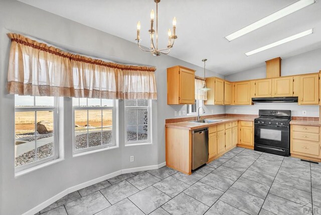 kitchen featuring light countertops, stainless steel dishwasher, a sink, black range with gas cooktop, and under cabinet range hood