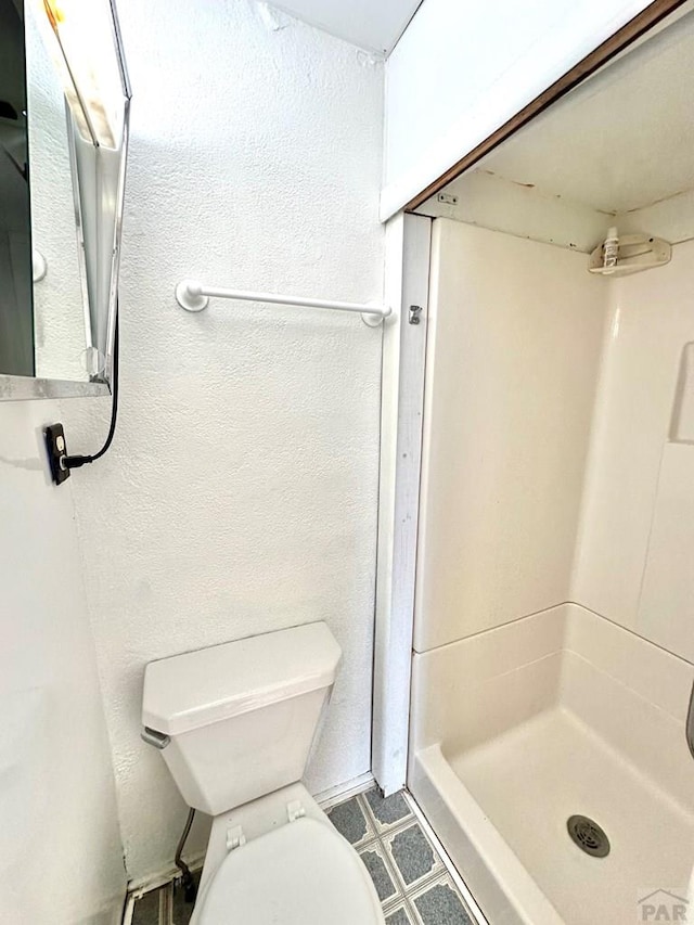 bathroom with a stall shower and toilet