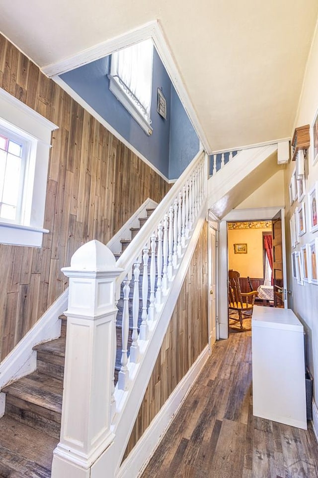 stairs with wood finished floors and wooden walls