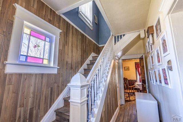 stairs featuring wood walls and wood finished floors