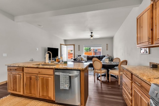 349-351 W Buttercup Way, Pueblo West, CO 81007 - kitchen featuring stainless steel dishwasher, dark wood-style floors, light stone countertops, and open floor plan