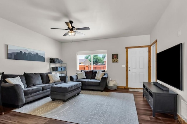 349-351 W Buttercup Way, Pueblo West, CO 81007 - living area with ceiling fan and dark wood finished floors