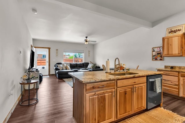 349-351 W Buttercup Way, Pueblo West, CO 81007 - kitchen featuring dishwasher, ceiling fan, light stone countertops, dark wood-style floors, and a center island with sink