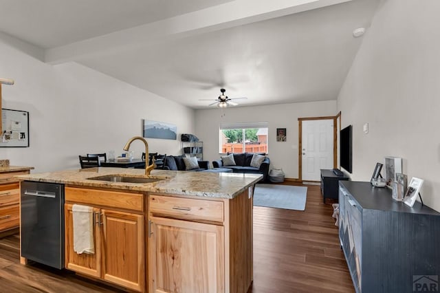 349-351 W Buttercup Way, Pueblo West, CO 81007 - kitchen with black dishwasher, ceiling fan, open floor plan, dark wood-style floors, and a kitchen island with sink