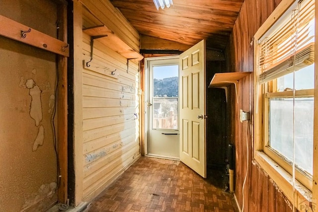 1708 Alta St, Trinidad, CO 81082 - doorway with vaulted ceiling, wood walls, and wood ceiling