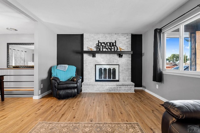 living room with a fireplace, baseboards, and wood finished floors