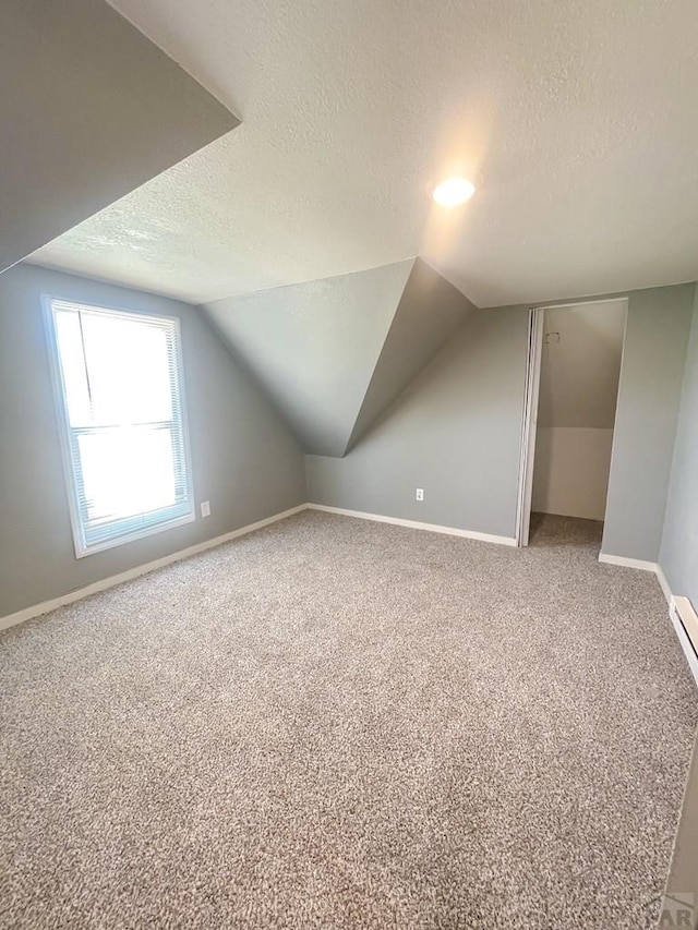 15 E 8th St, La Junta, CO 81050 - additional living space with a textured ceiling, carpet floors, and vaulted ceiling
