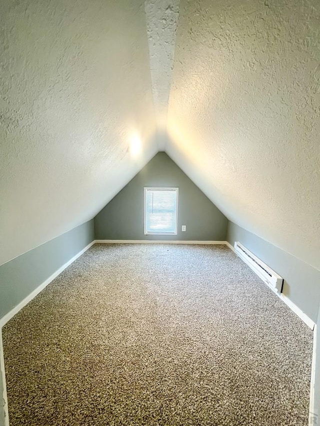 15 E 8th St, La Junta, CO 81050 - bonus room with a textured ceiling, a baseboard heating unit, lofted ceiling, and carpet floors