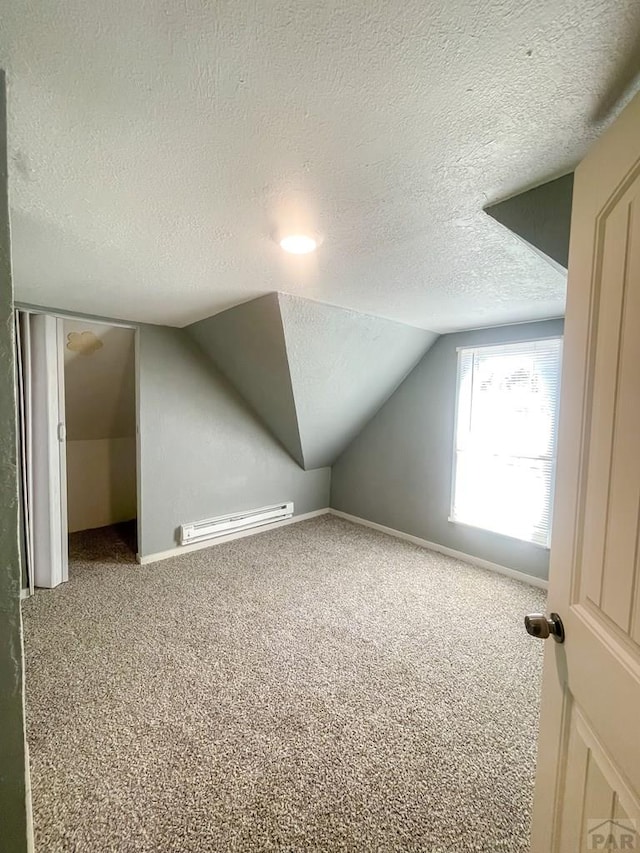 15 E 8th St, La Junta, CO 81050 - additional living space featuring baseboard heating, a textured ceiling, carpet, and vaulted ceiling
