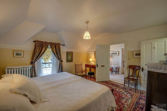 314 S Main St, La Veta, CO 81055 - bedroom featuring carpet, radiator, and vaulted ceiling