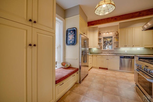 314 S Main St, La Veta, CO 81055 - kitchen with decorative light fixtures, open shelves, high end appliances, light countertops, and a sink