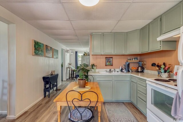 kitchen with white electric stove, a drop ceiling, light countertops, light wood-style floors, and green cabinetry