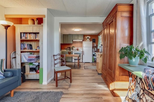 living area with a paneled ceiling, wood walls, and light wood-style flooring