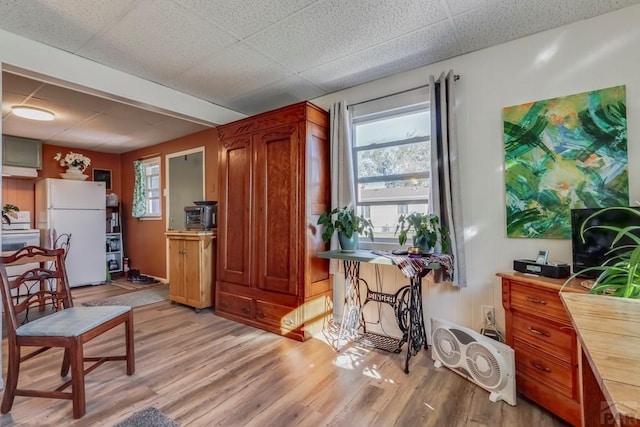 interior space with light wood finished floors and a drop ceiling