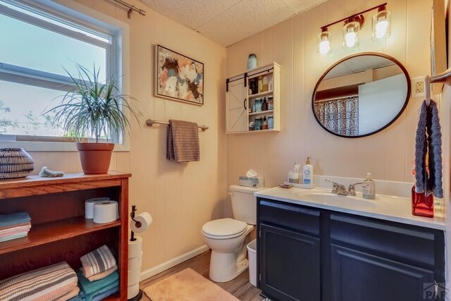 full bathroom with toilet, wood finished floors, and vanity