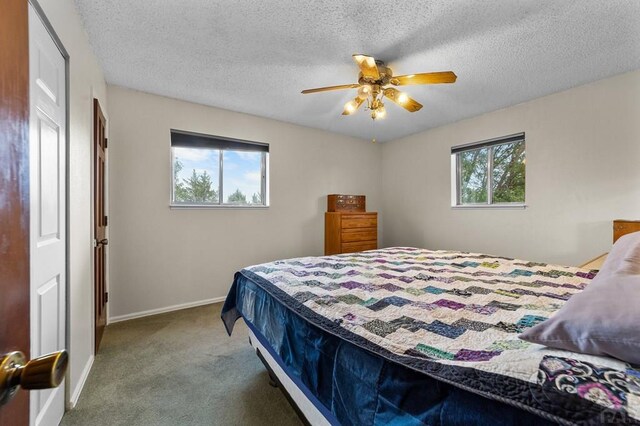 carpeted bedroom with multiple windows, ceiling fan, a textured ceiling, and baseboards