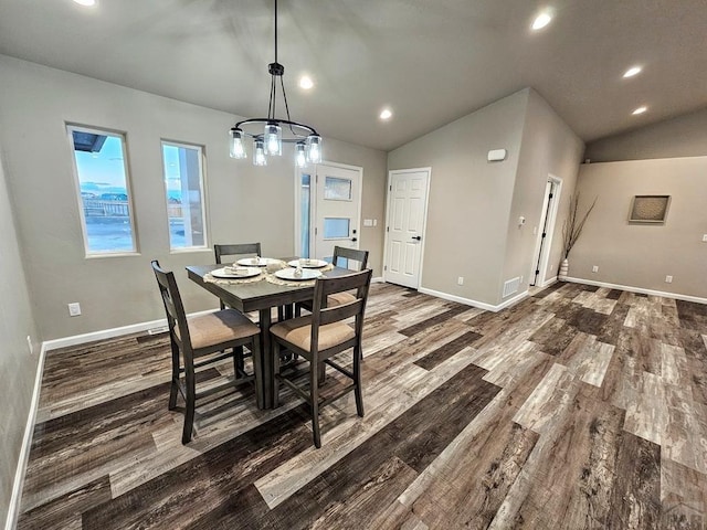 dining area featuring vaulted ceiling, baseboards, dark wood finished floors, and recessed lighting