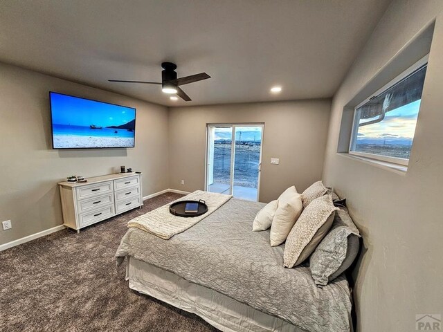 bedroom featuring baseboards, a ceiling fan, access to outside, dark colored carpet, and recessed lighting