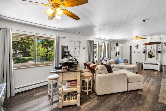 67 Macarthur Rd, Pueblo, CO 81001 - living area featuring a ceiling fan, plenty of natural light, dark wood-type flooring, and a baseboard radiator