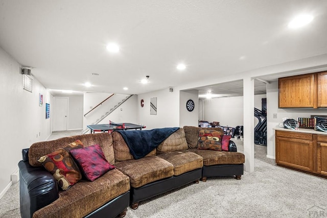 67 Macarthur Rd, Pueblo, CO 81001 - living area featuring light carpet, stairs, and recessed lighting