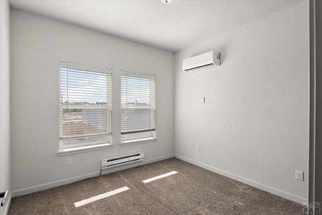 unfurnished room featuring carpet flooring, a wall mounted air conditioner, baseboards, and baseboard heating