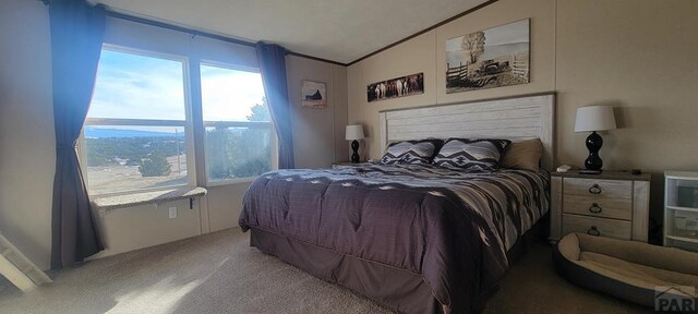 carpeted bedroom featuring vaulted ceiling