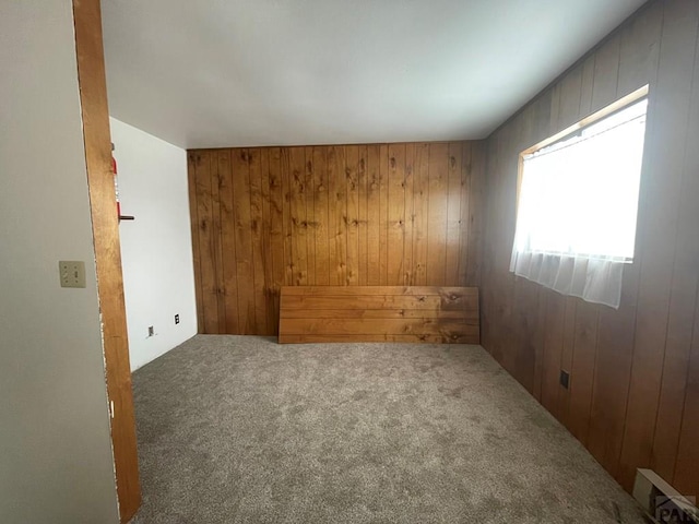 empty room with wood walls and carpet