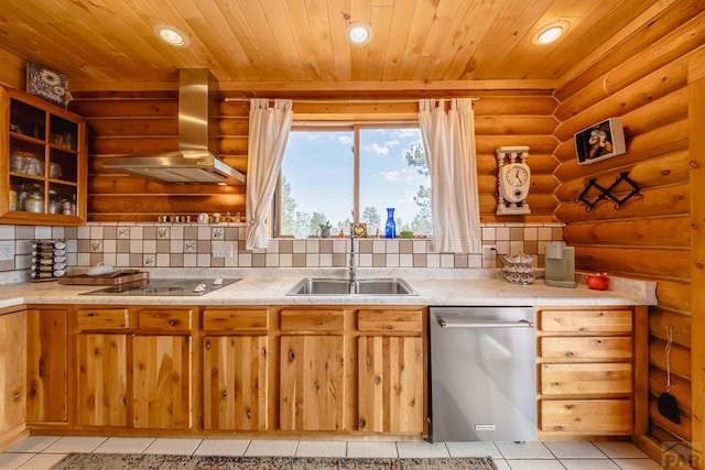 361 Crystal Peak Rd, Florissant, CO 80814 - kitchen featuring light countertops, a sink, wall chimney range hood, and black electric cooktop