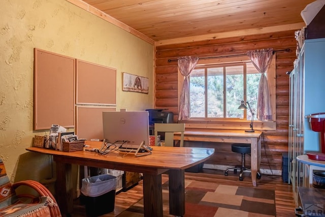 361 Crystal Peak Rd, Florissant, CO 80814 - office featuring wood ceiling, a textured wall, log walls, and wood finished floors
