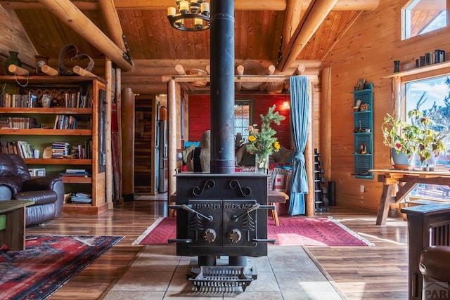 361 Crystal Peak Rd, Florissant, CO 80814 - living room featuring lofted ceiling with beams, wooden ceiling, wood finished floors, rustic walls, and a wood stove