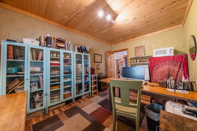 361 Crystal Peak Rd, Florissant, CO 80814 - home office featuring wooden ceiling and wood finished floors