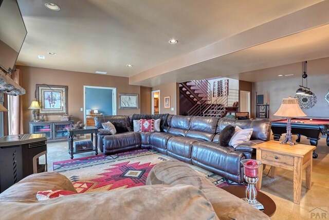 living area with pool table, stairway, and recessed lighting