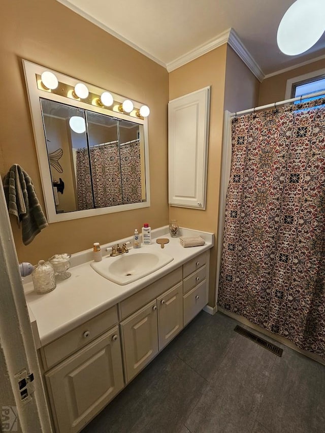 103 S Goff St, Eads, CO 81036 - bathroom with vanity, crown molding, tile patterned flooring, and curtained shower