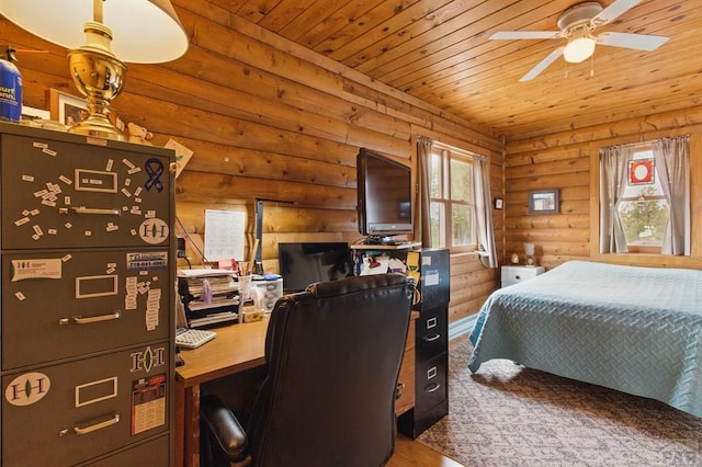 bedroom with log walls, wood finished floors, and wooden ceiling