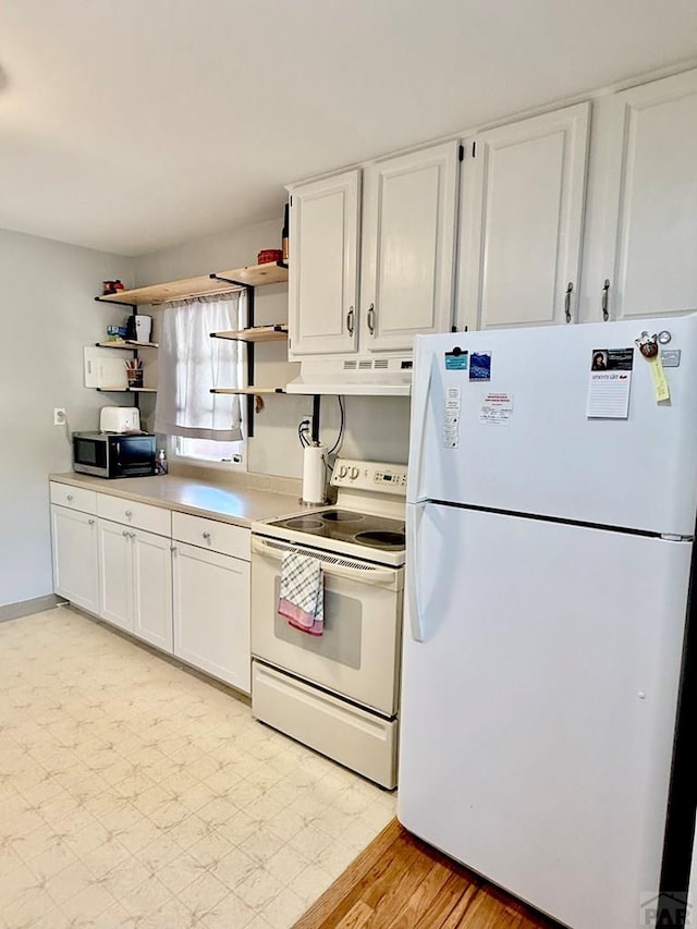 629 Gaylord Ave, Pueblo, CO 81004 - kitchen featuring white appliances, open shelves, under cabinet range hood, white cabinets, and light countertops
