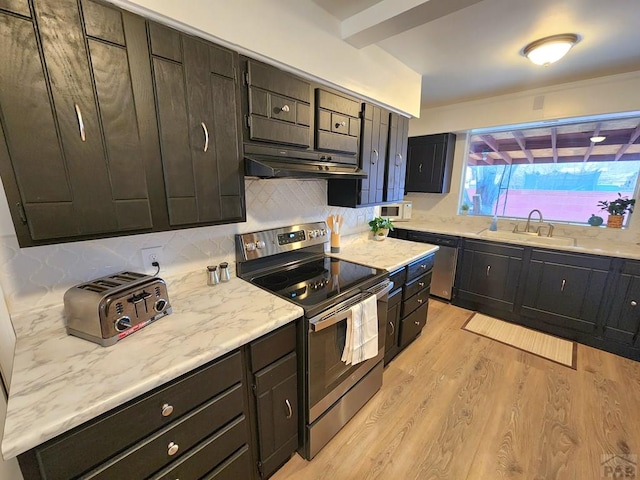 kitchen featuring stainless steel appliances, backsplash, a sink, light wood-type flooring, and under cabinet range hood