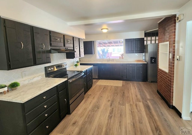 kitchen featuring a sink, light countertops, appliances with stainless steel finishes, light wood finished floors, and tasteful backsplash