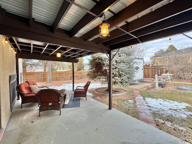 view of patio / terrace with a fenced backyard and an outdoor living space