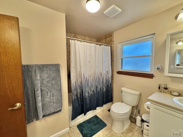 full bath featuring shower / tub combo, visible vents, toilet, tile patterned floors, and vanity