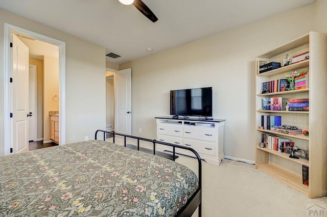 bedroom featuring a ceiling fan, carpet, visible vents, and baseboards