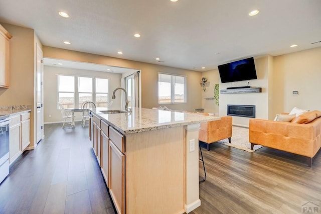 kitchen featuring a glass covered fireplace, a sink, dark wood finished floors, and recessed lighting