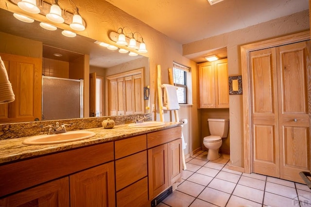 109 County Rd 405, Cuchara, CO 81055 - bathroom with tile patterned floors, a stall shower, double vanity, and toilet