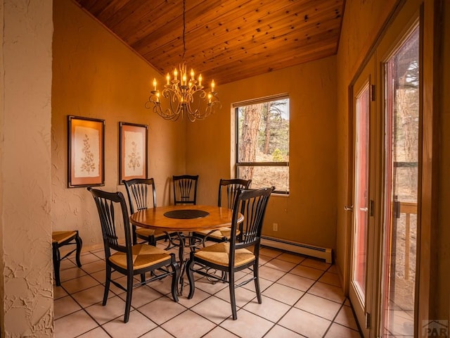 109 County Rd 405, Cuchara, CO 81055 - dining room with wooden ceiling, baseboard heating, a textured wall, a chandelier, and lofted ceiling