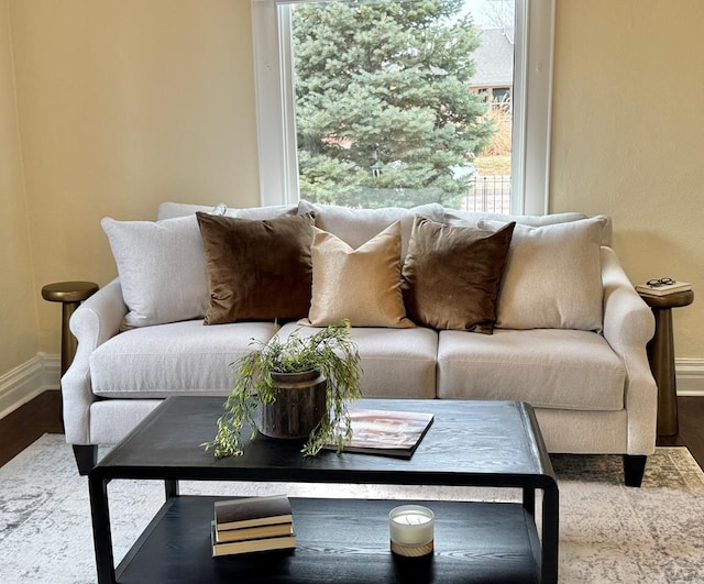 living area with baseboards and wood finished floors