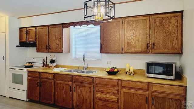 kitchen featuring under cabinet range hood, stainless steel microwave, a sink, light countertops, and white range with electric cooktop