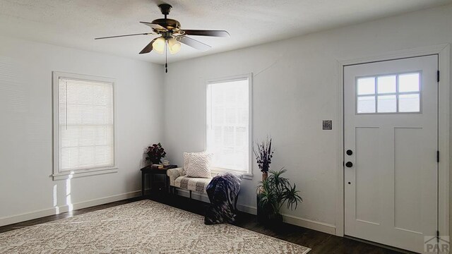 foyer entrance with dark wood-style floors, baseboards, and a ceiling fan