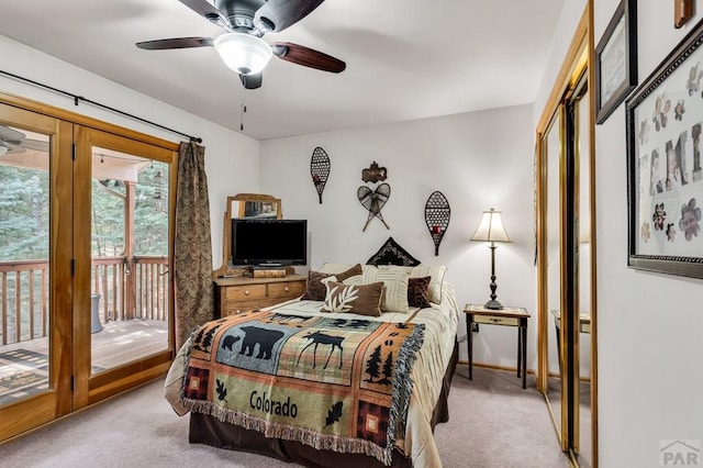 bedroom featuring ceiling fan, access to exterior, and light carpet