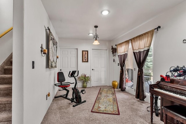 exercise room featuring light carpet